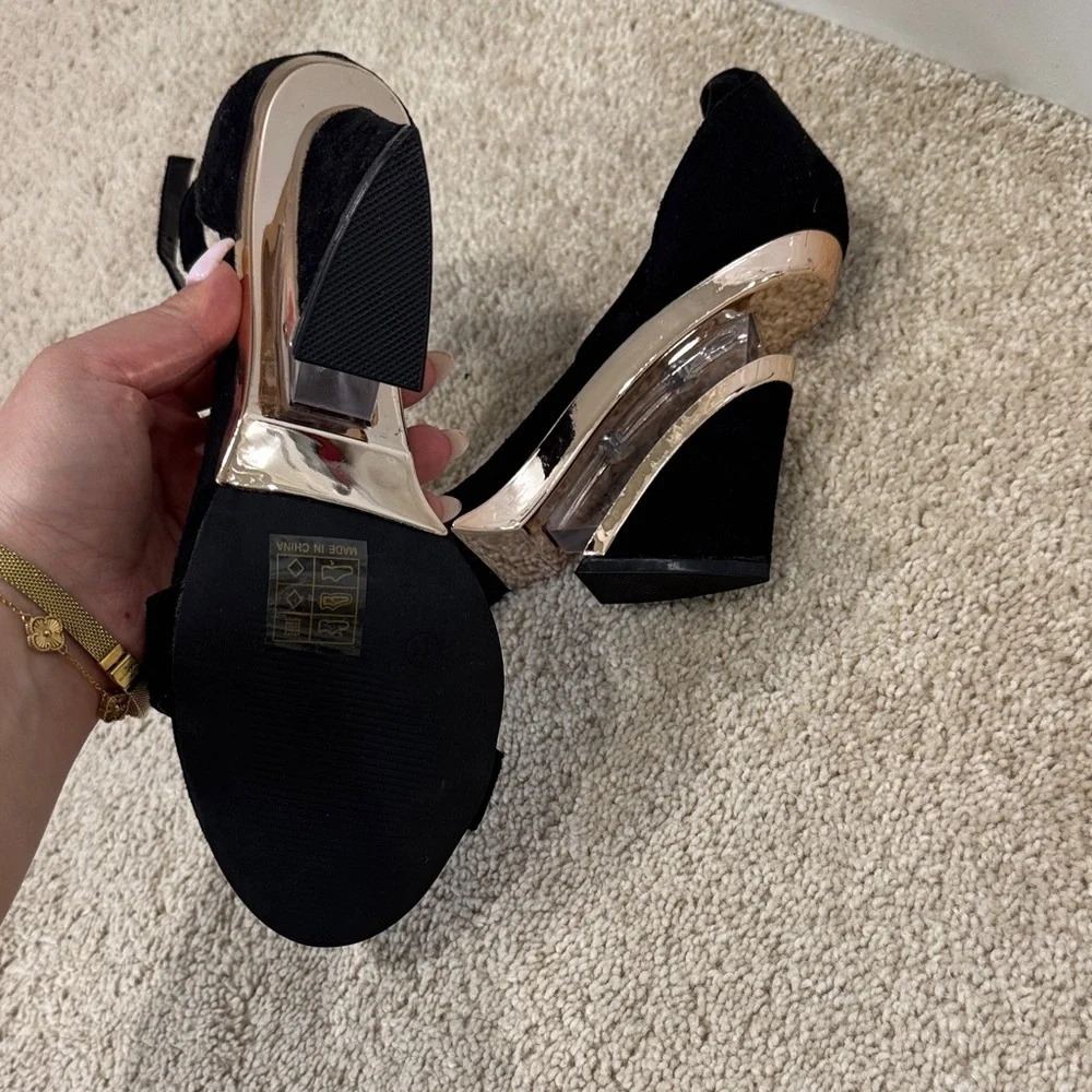 Black Suede Ankle-Strap Block Heel Sandals